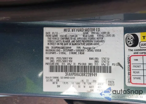 2011 Ford Fusion Se z USA, uszkodzony, nr VIN 3FAHP0HA3BR228949